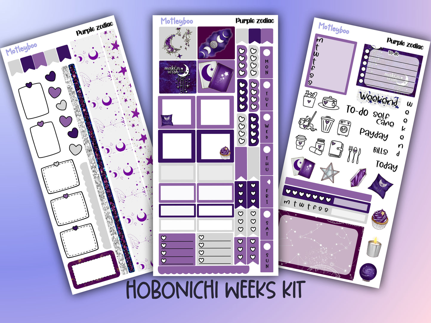 Hobonichi weeks, sticker kit, hobonichi planner, black zodiac, celestial stickers, witchy planner, hobonichi functional stickers, purple zodiac