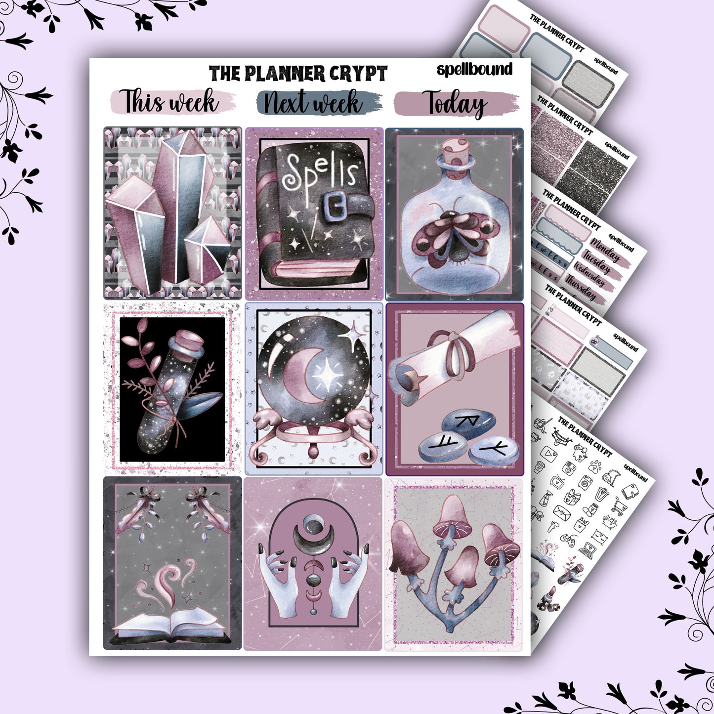 weekly planner kit, planner stickers, witch stickers, goth stickers, vertical planner, witchcraft stickers, goth planner, pretty stickers