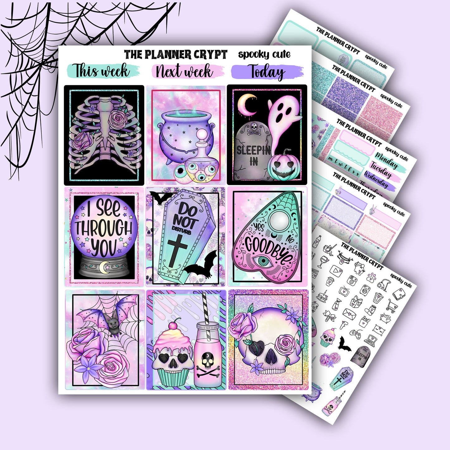 weekly planner sticker kit, planner stickers, pastel goth stickers, spooky sticker kit, vertical planner, cute stickers, witchy planner
