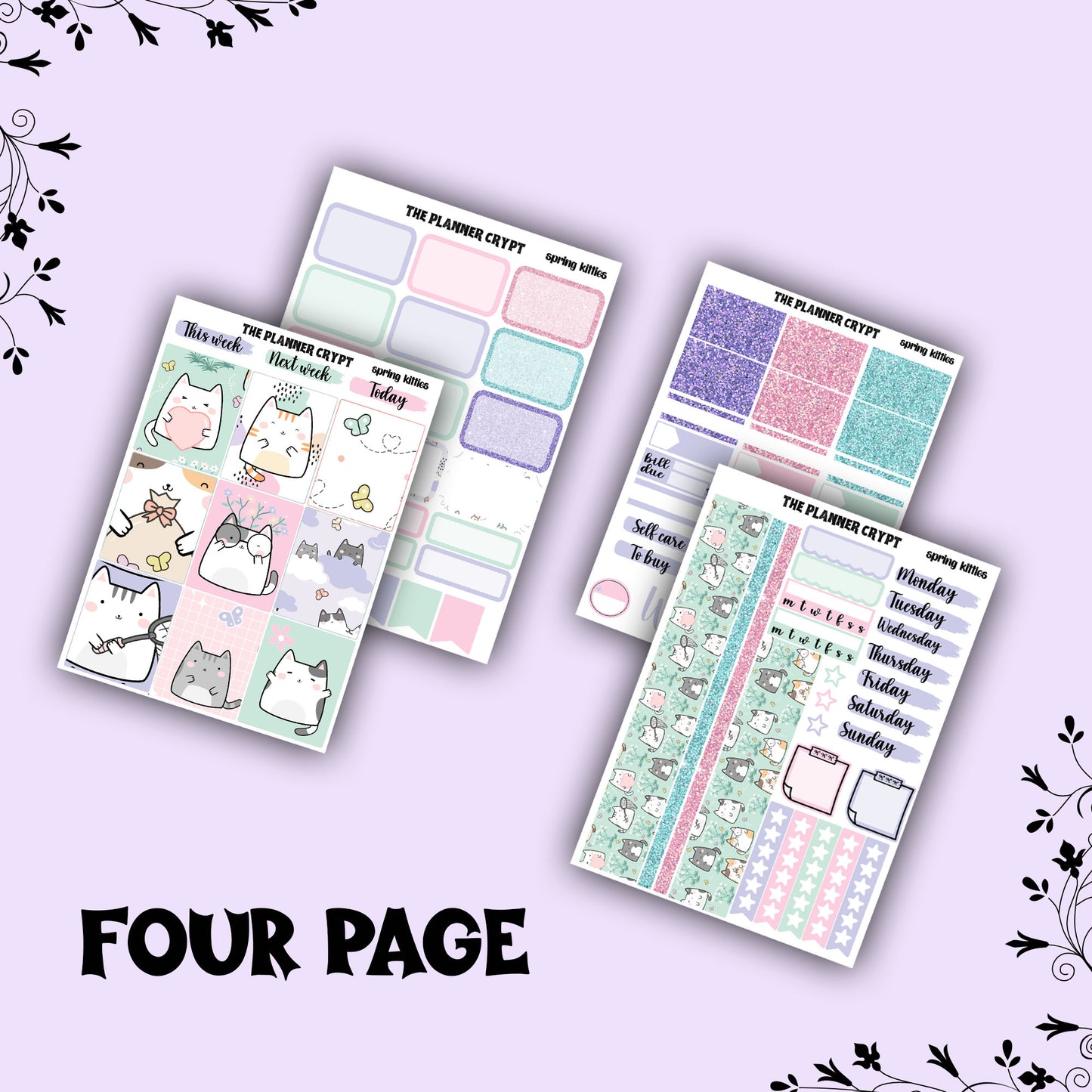 Spring kitties, weekly planner, sticker kit, pastel stickers, spring planner kit, planner stickers, vertical planner