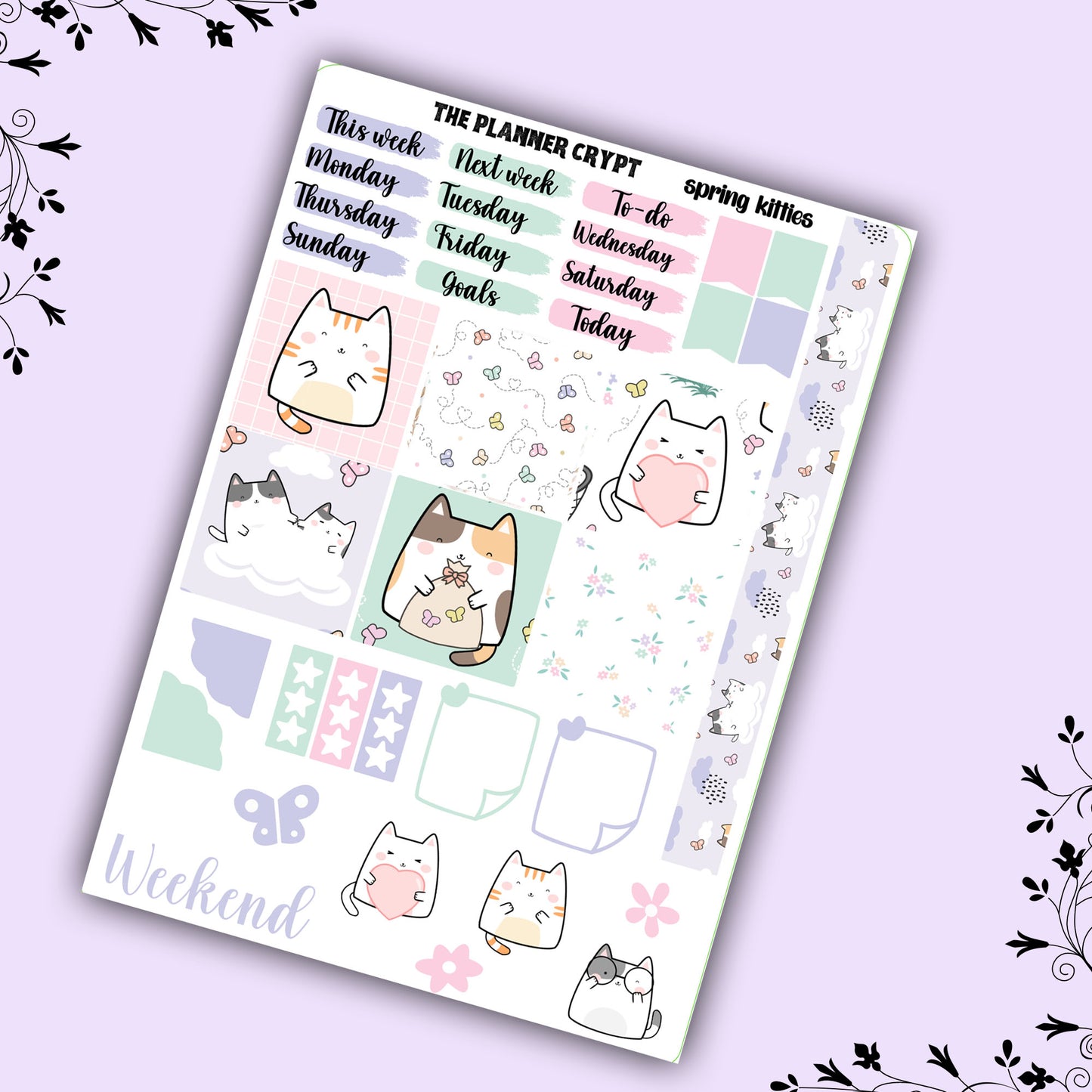 Spring kitties Hobonichi planner sticker kit, cat stickers, hobonichi cousin sticker kit
