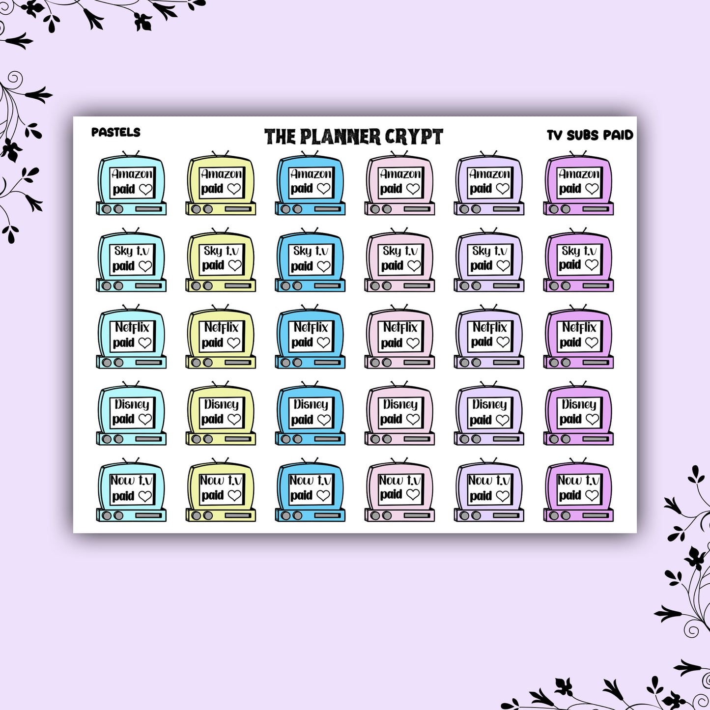T.v subscriptions paid stickers, paid bill stickers, planner sticker, pastel,goth,vertical planner, small journal, functional sticker,
