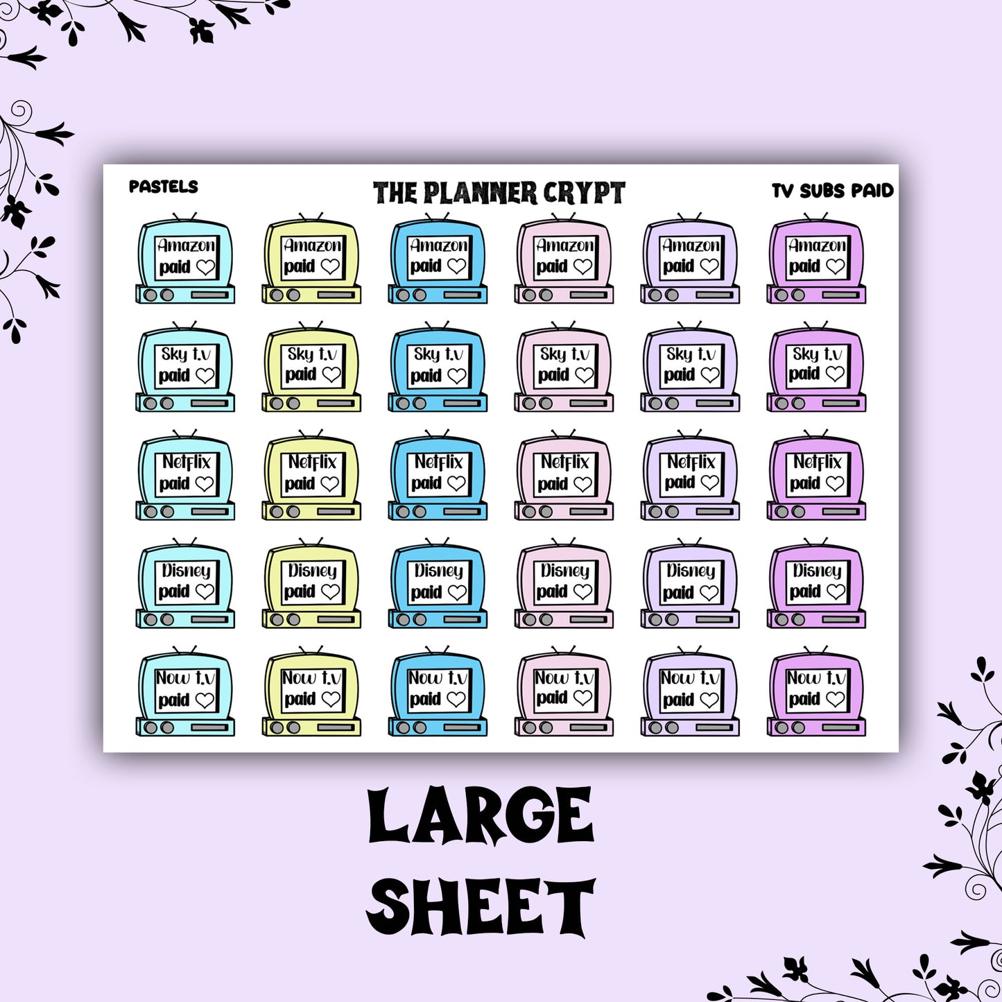 T.v subscriptions paid stickers, paid bill stickers, planner sticker, pastel,goth,vertical planner, small journal, functional sticker,
