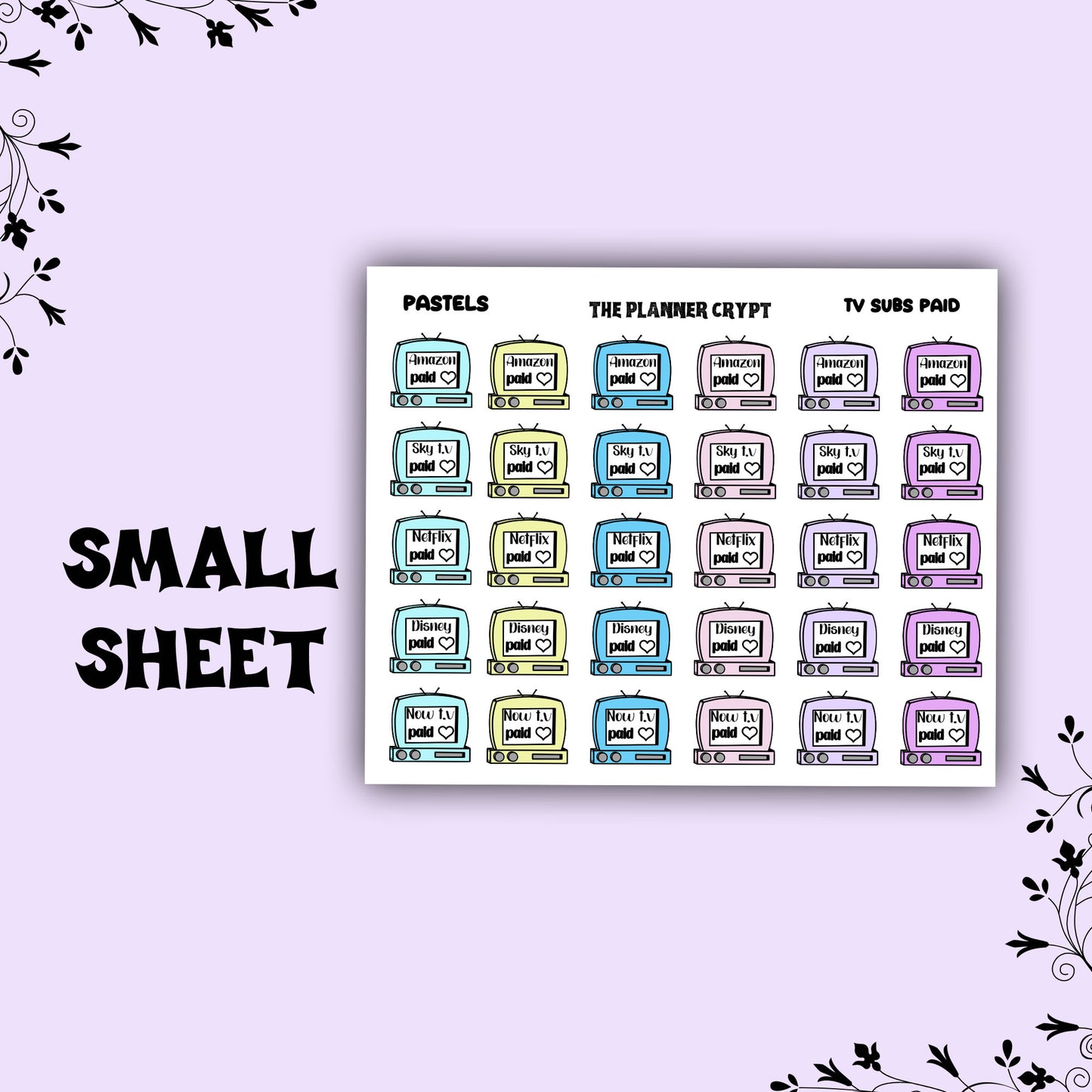 T.v subscriptions paid stickers, paid bill stickers, planner sticker, pastel,goth,vertical planner, small journal, functional sticker,