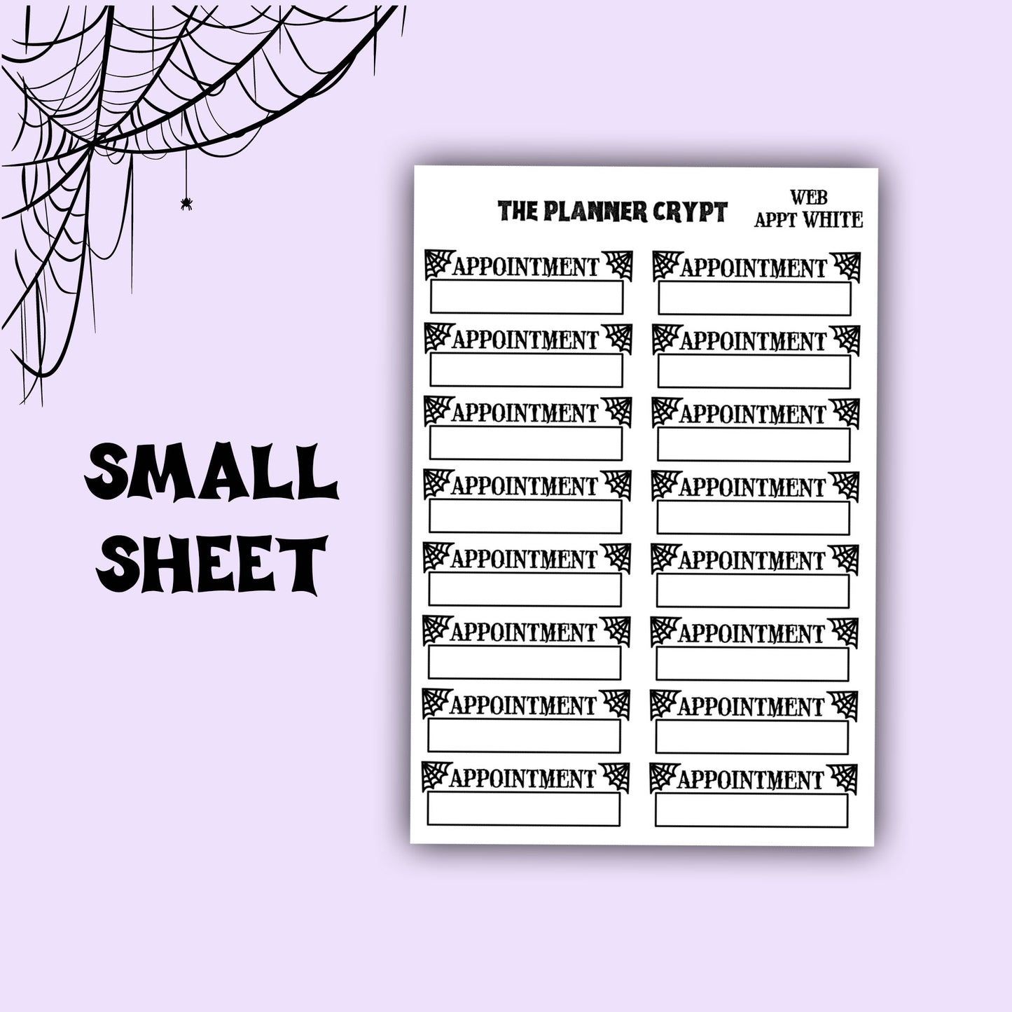 planner stickers, appointment, vertical planner, gothic planner, functional stickers, black and white, spiderweb stickers, header sticker