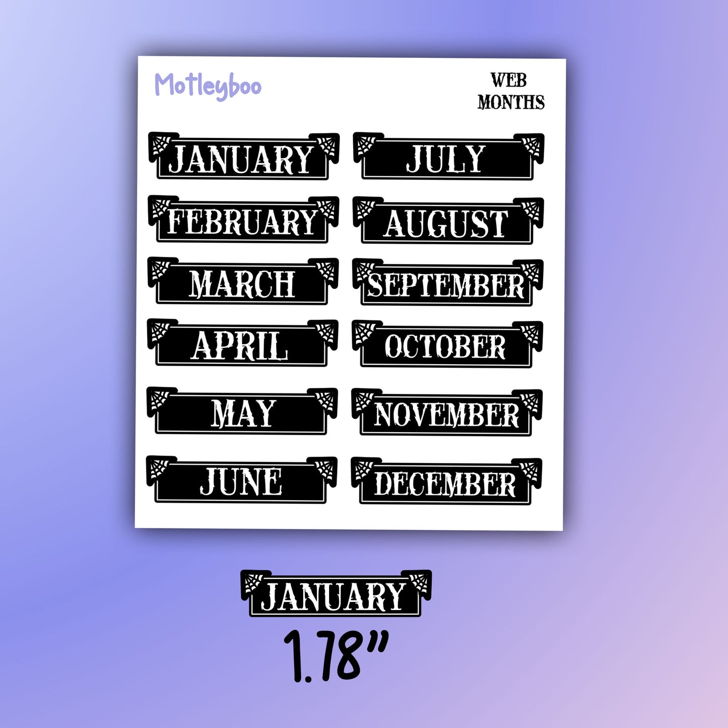 planner stickers, month stickers, vertical planner, gothic planner, functional stickers, black and white, spiderweb stickers, header sticker