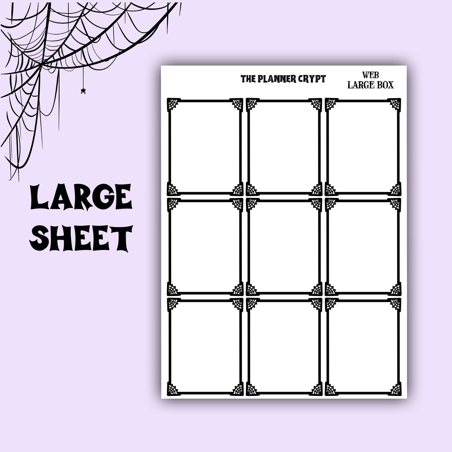planner stickers, planner boxes, vertical planner, gothic planner, functional stickers, black and white, spiderweb stickers, header sticker