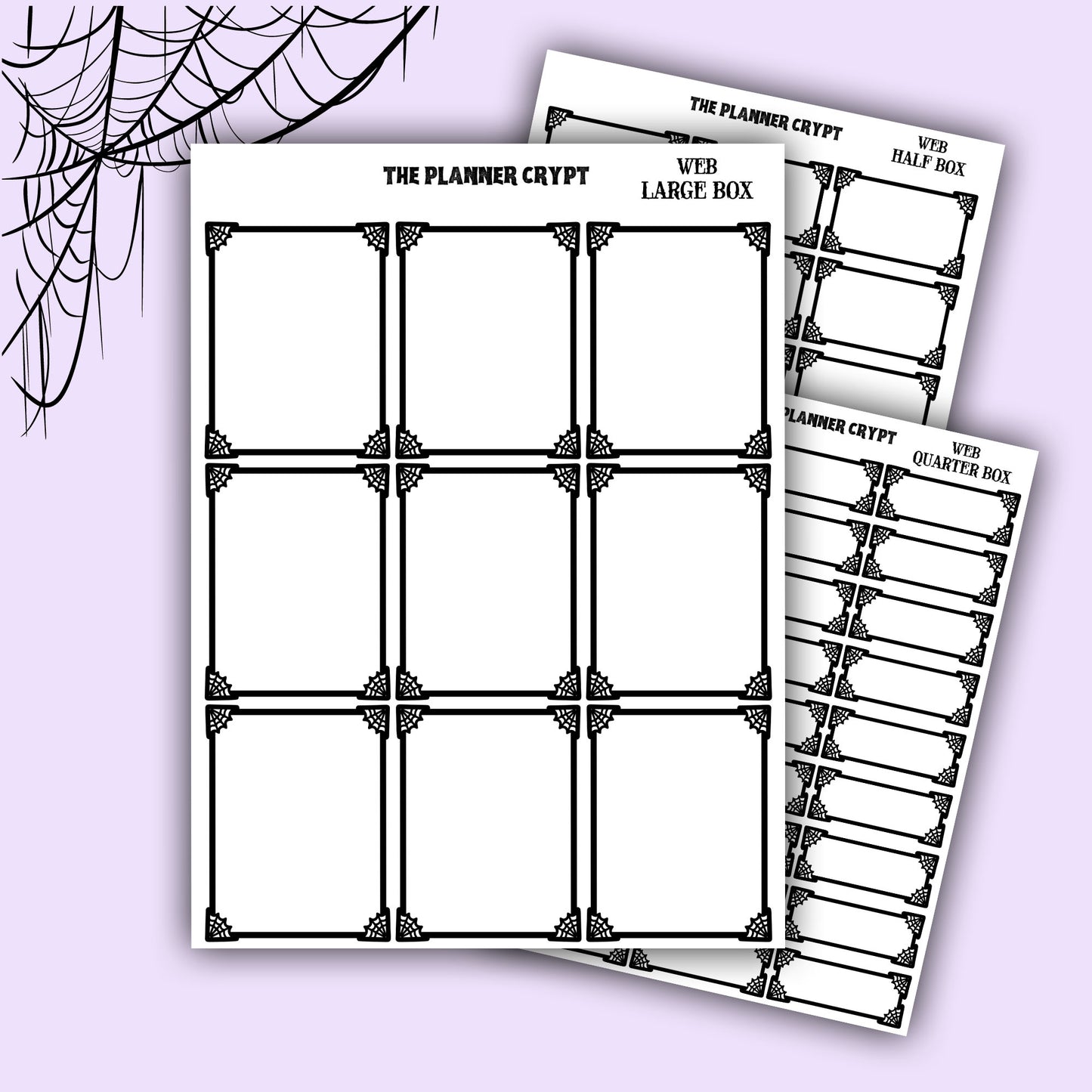planner stickers, planner boxes, vertical planner, gothic planner, functional stickers, black and white, spiderweb stickers, header sticker