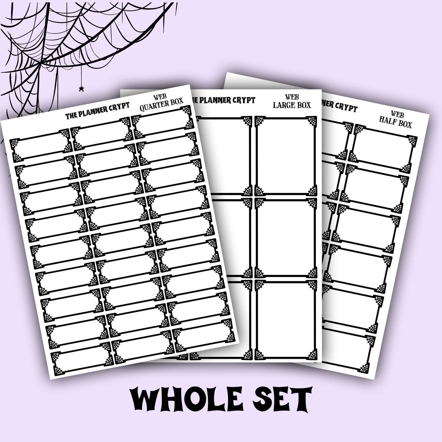 planner stickers, planner boxes, vertical planner, gothic planner, functional stickers, black and white, spiderweb stickers, header sticker