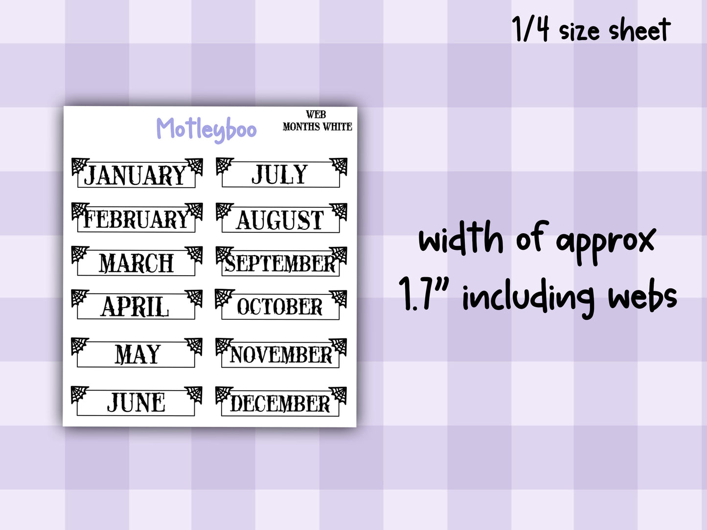 Gothic Planner Stickers, Monthly headers, Black and White, spiderweb collection