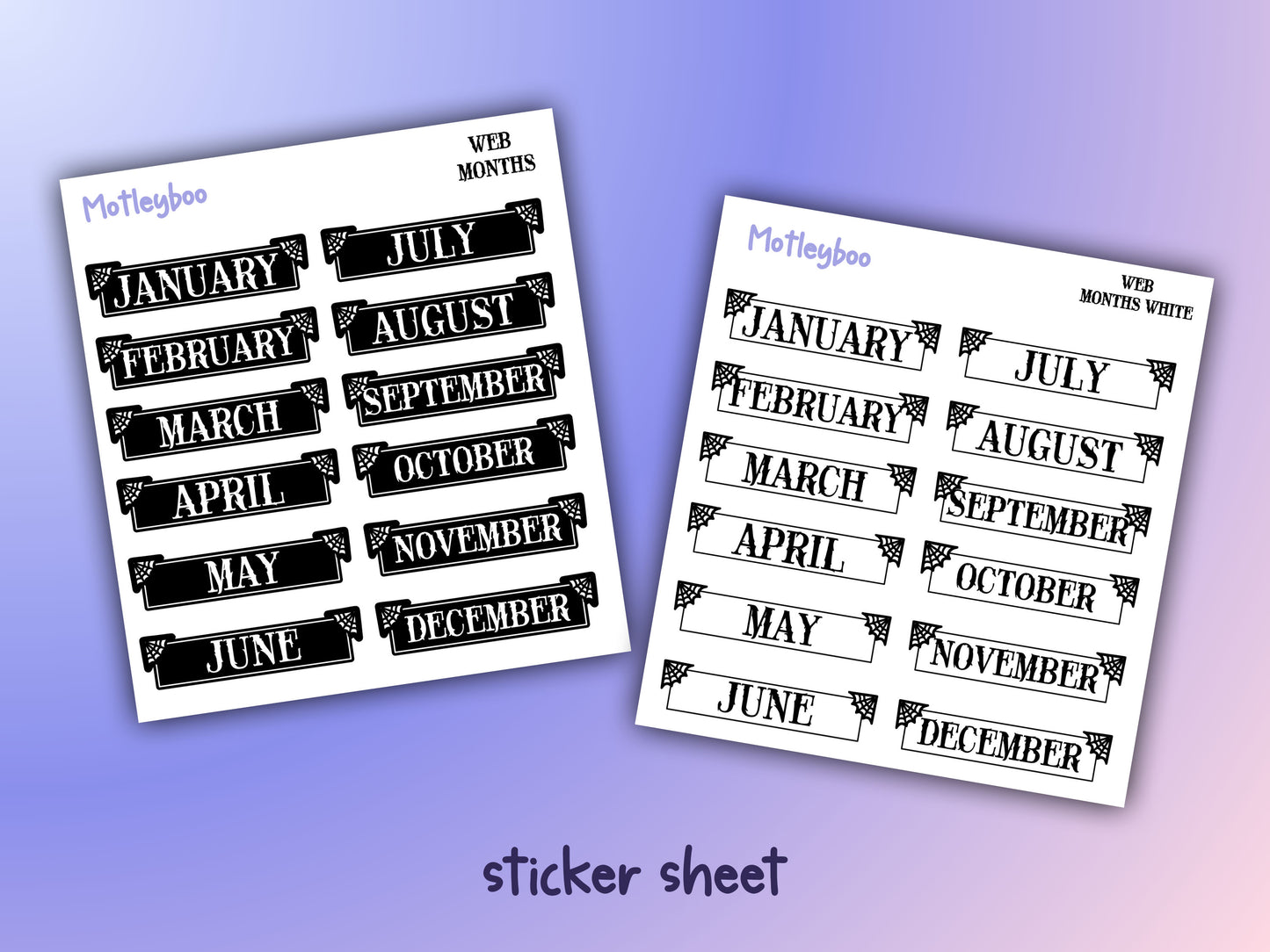 planner stickers, month stickers, vertical planner, gothic planner, functional stickers, black and white, spiderweb stickers, header sticker