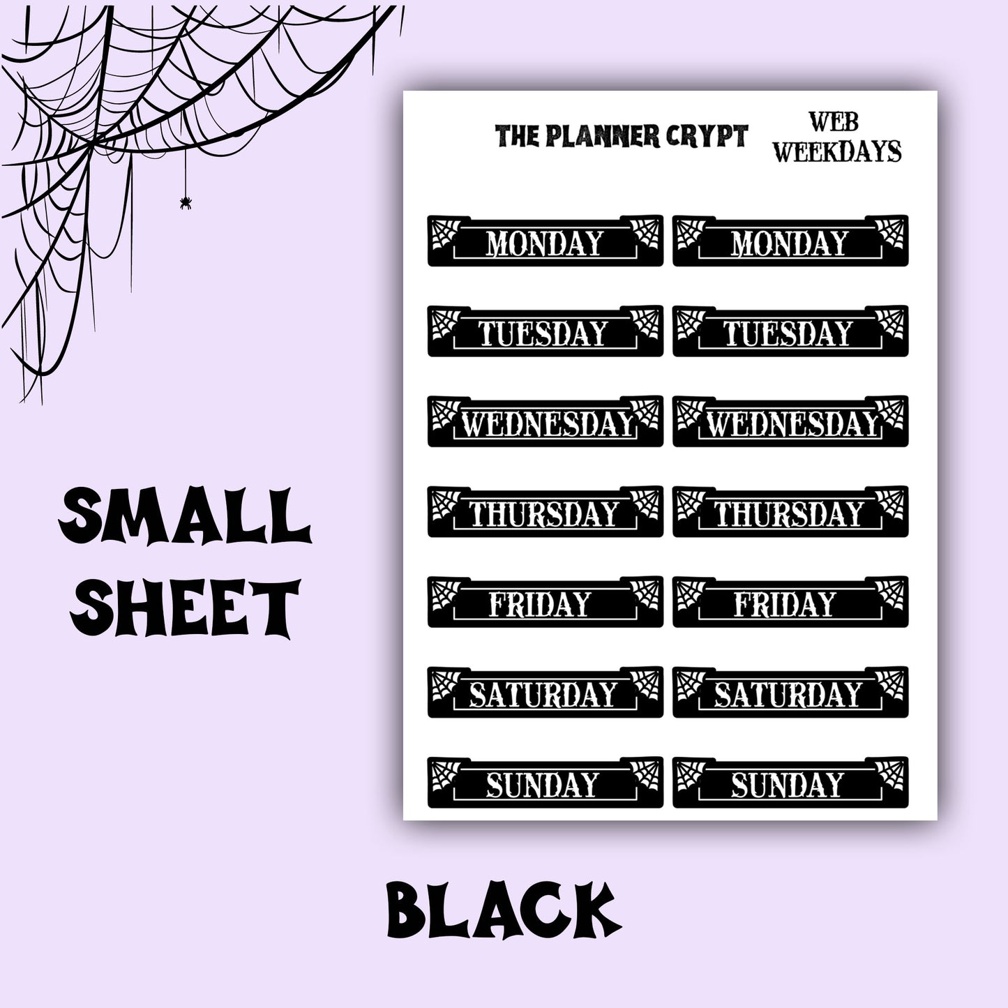planner stickers, weekday stickers, vertical planner, gothic planner, functional stickers, black & white, spiderweb stickers, header sticker