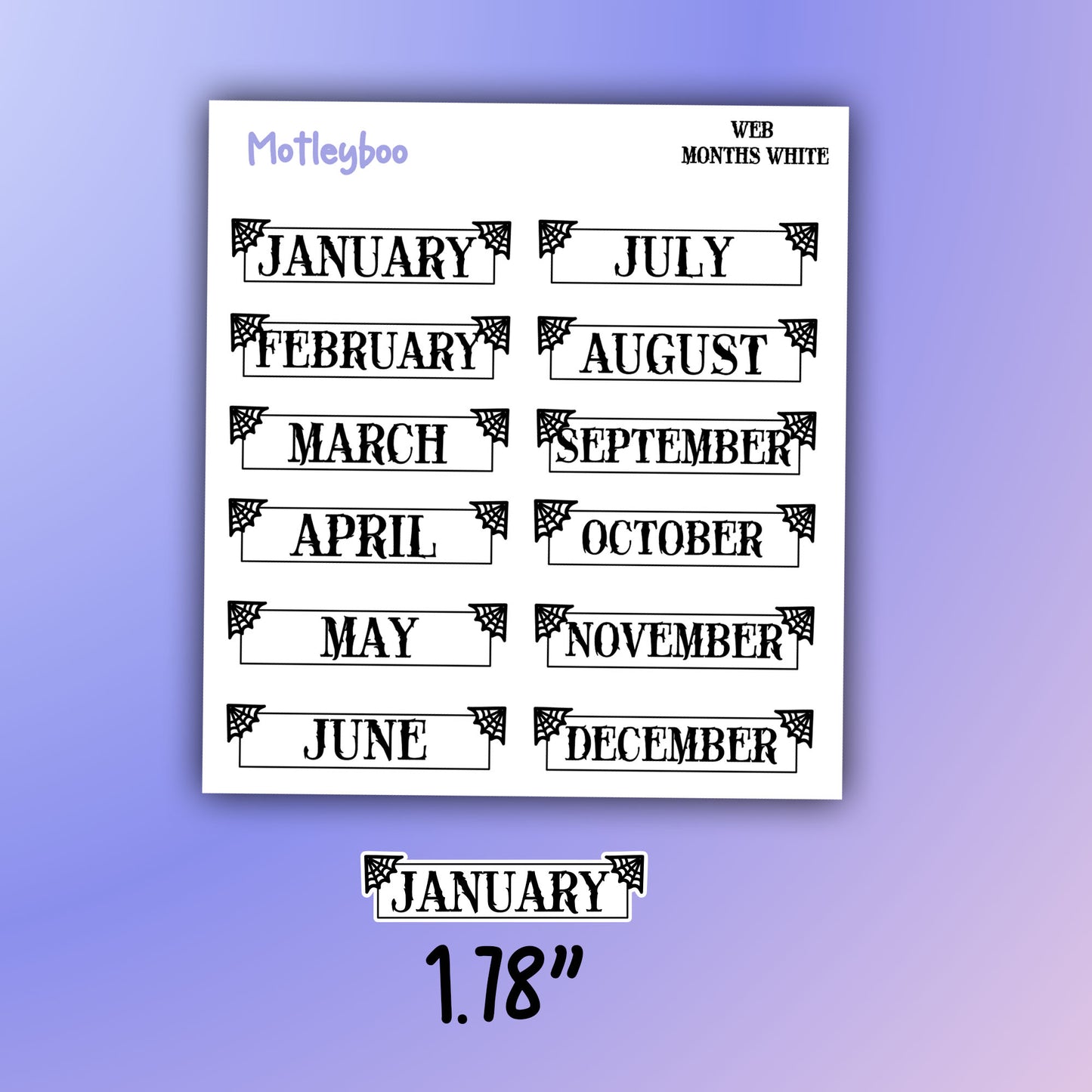 planner stickers, month stickers, vertical planner, gothic planner, functional stickers, black and white, spiderweb stickers, header sticker