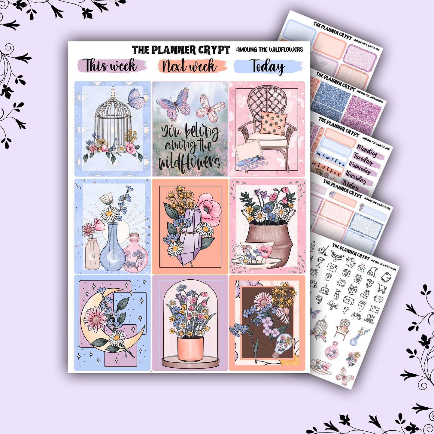 weekly planner sticker kit, moonchild stickers, wildflowers, hippy vibes, stickers, vertical planner kit, weekly planner, a la carte