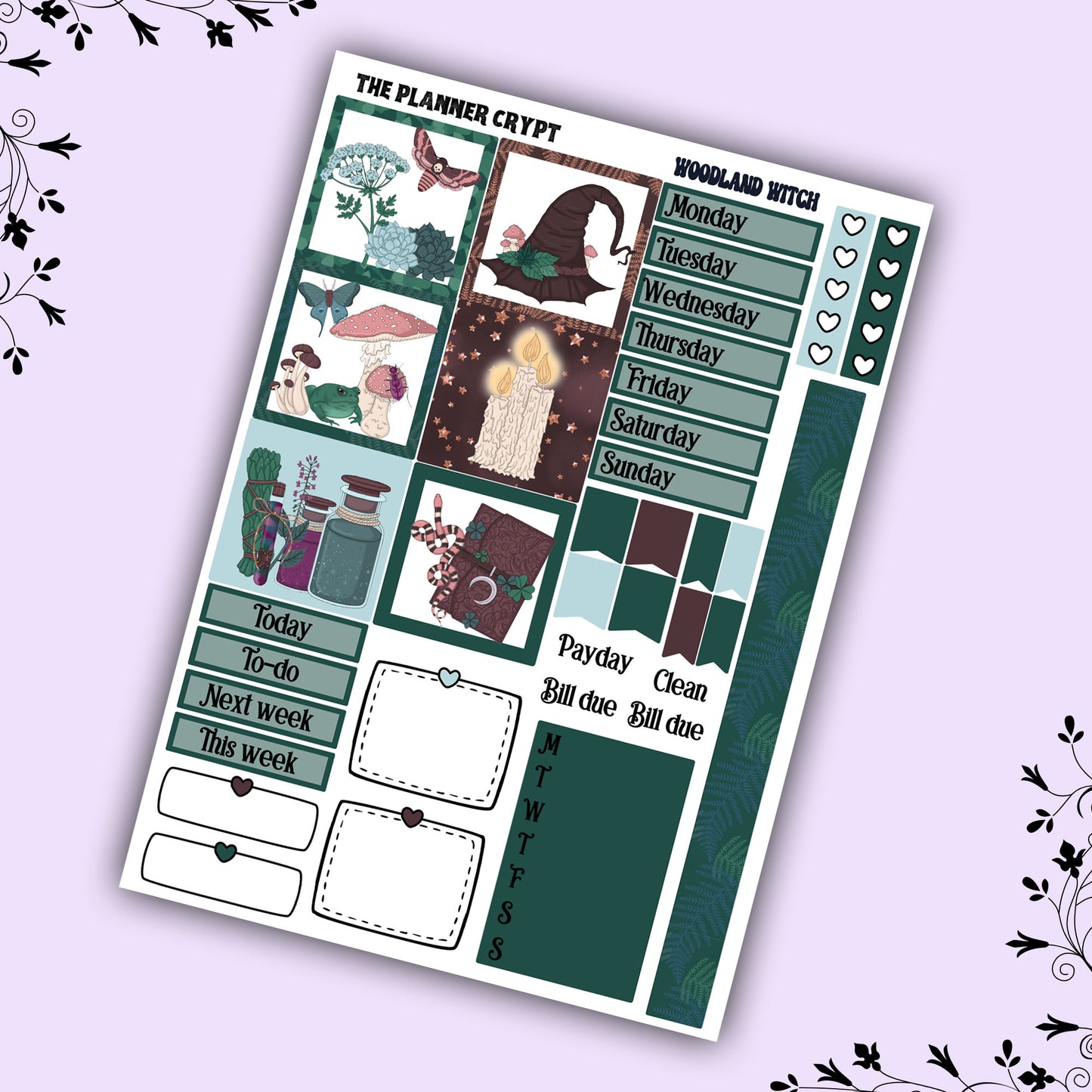 Hobonichi cousin weekly planner sticker kit, eitch planner, woodland witch