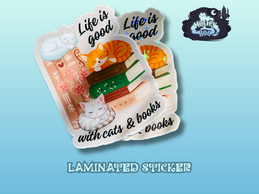 Life is good cats & books sticker, gifts for book lovers, cute sticker, die cut sticker, laminate sticker, laptop sticker, vinyl sticker