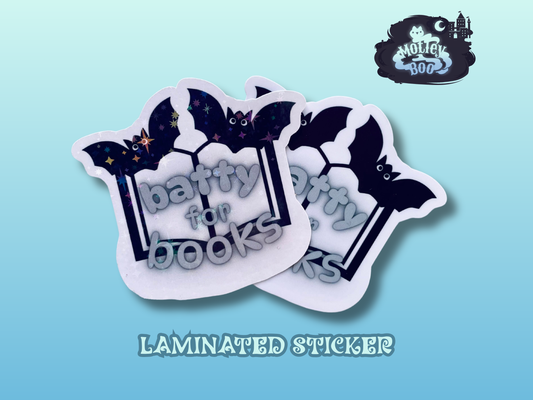 Batty for books sticker, gifts for book lovers, gothic sticker, die cut sticker, laminate sticker, laptop sticker, vinyl sticker, sparkly