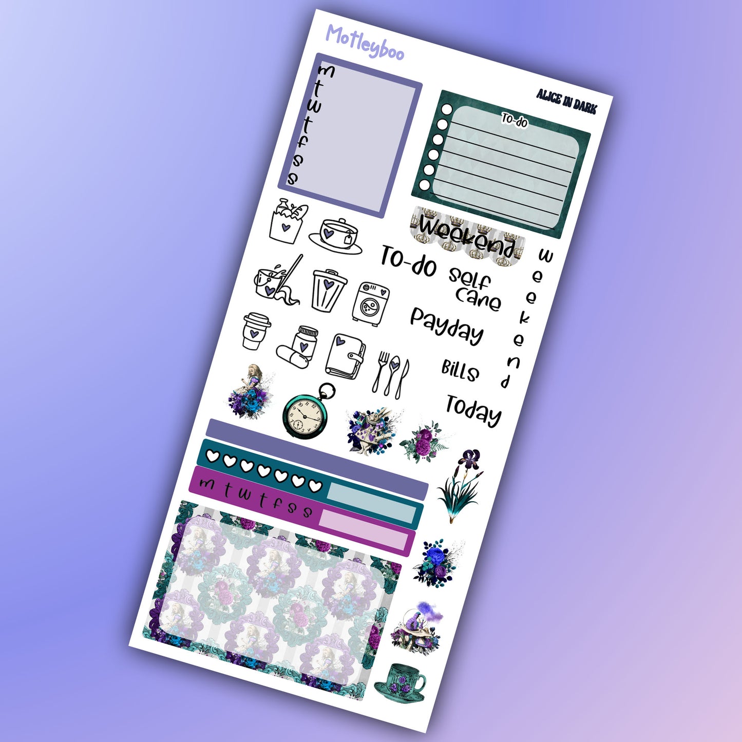 Alice in dark hobonichi weeks, sticker kit, hobonichi planner, cute stickers, hobonichi functional stickers, small planner stickers, gothic alice