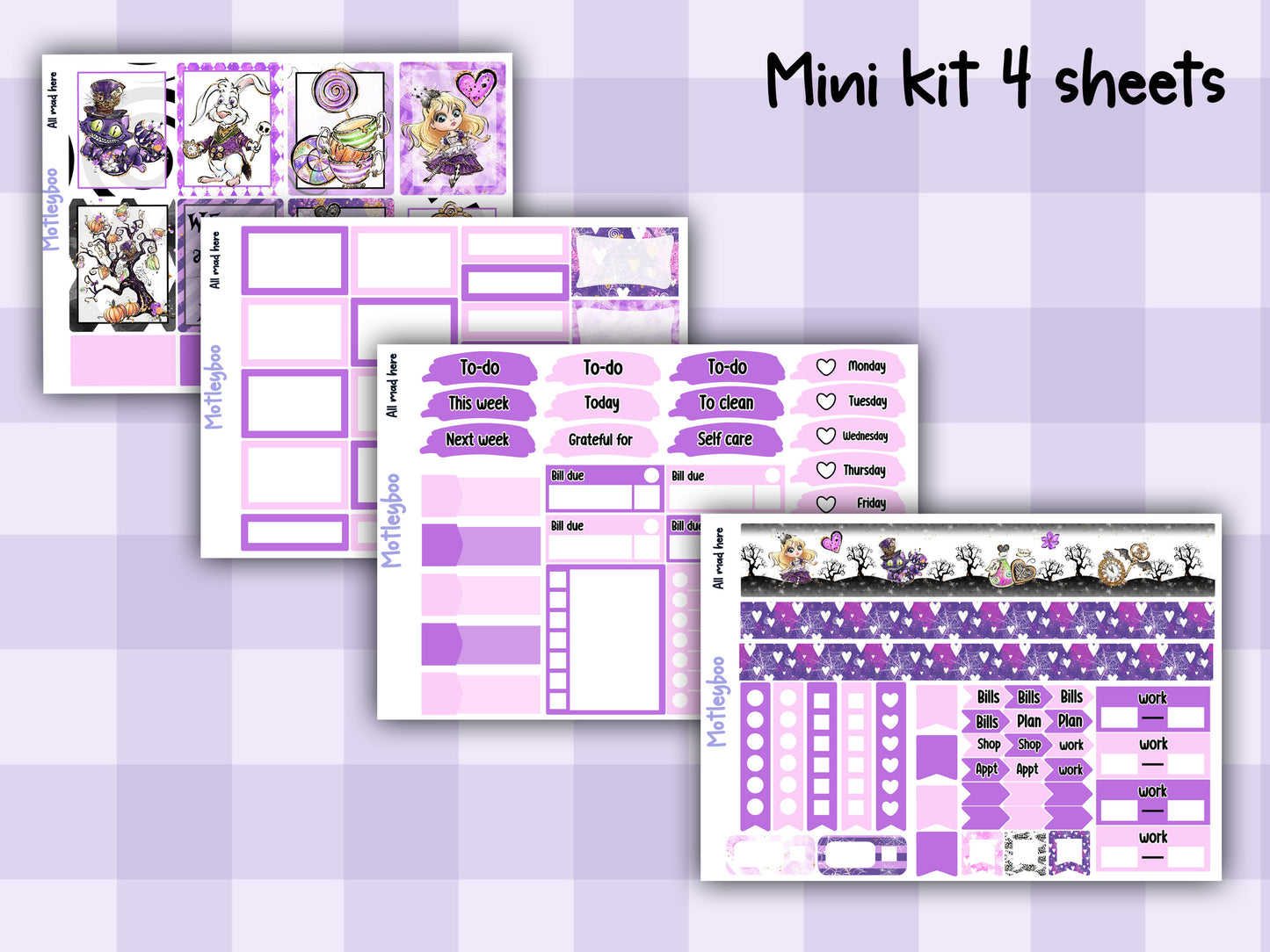 Alice in wonderland weekly vertical planner kit, functional stickers, All mad here