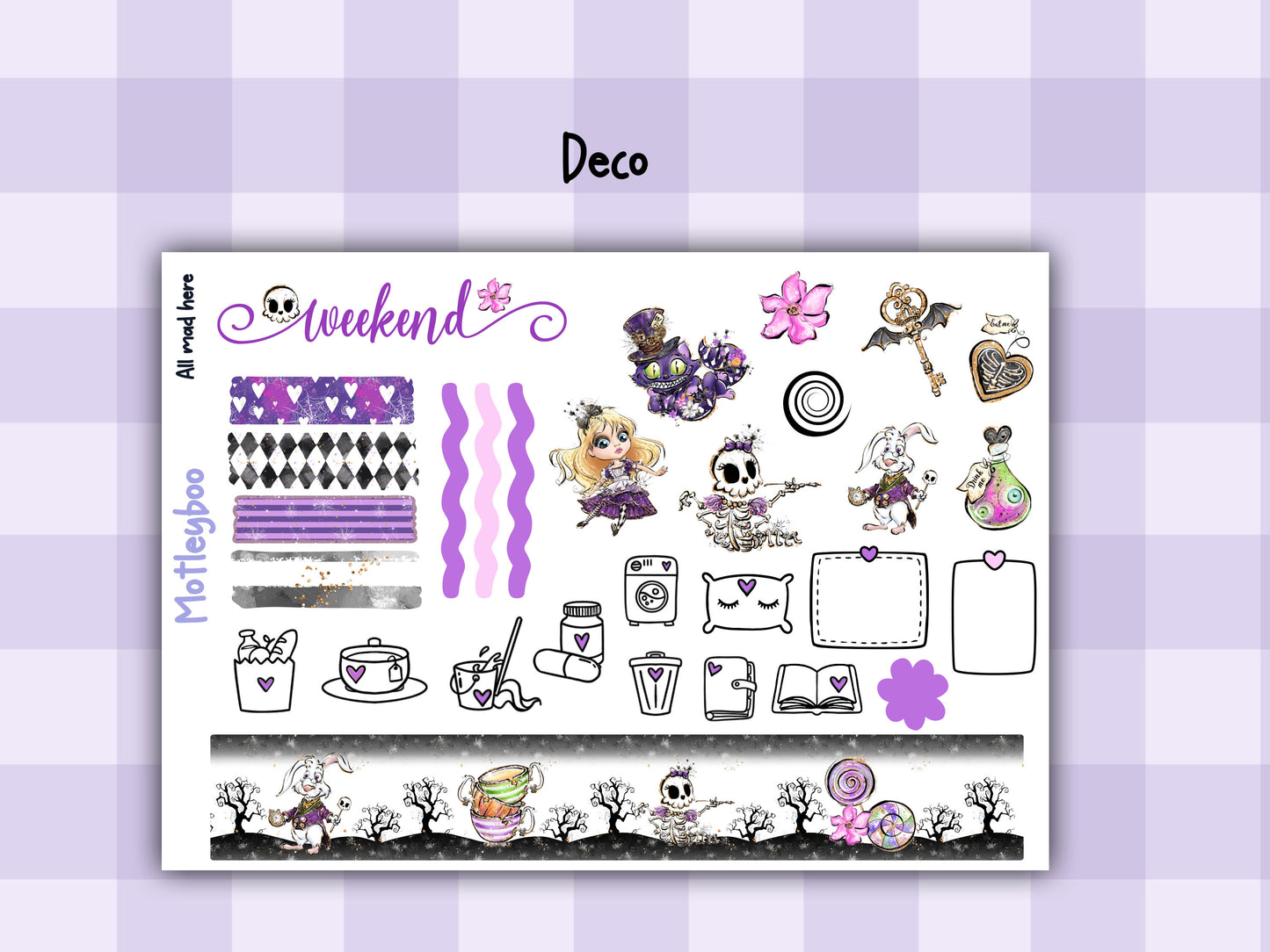Alice in wonderland weekly vertical planner kit, functional stickers, All mad here