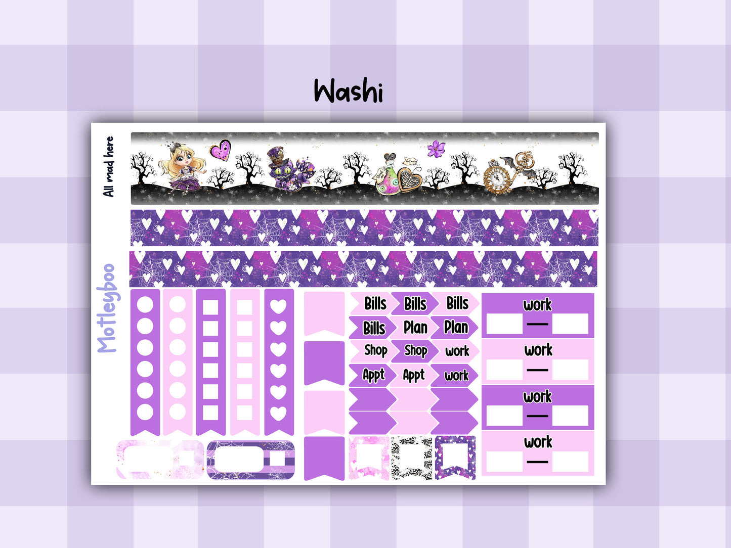 Alice in wonderland weekly vertical planner kit, functional stickers, All mad here