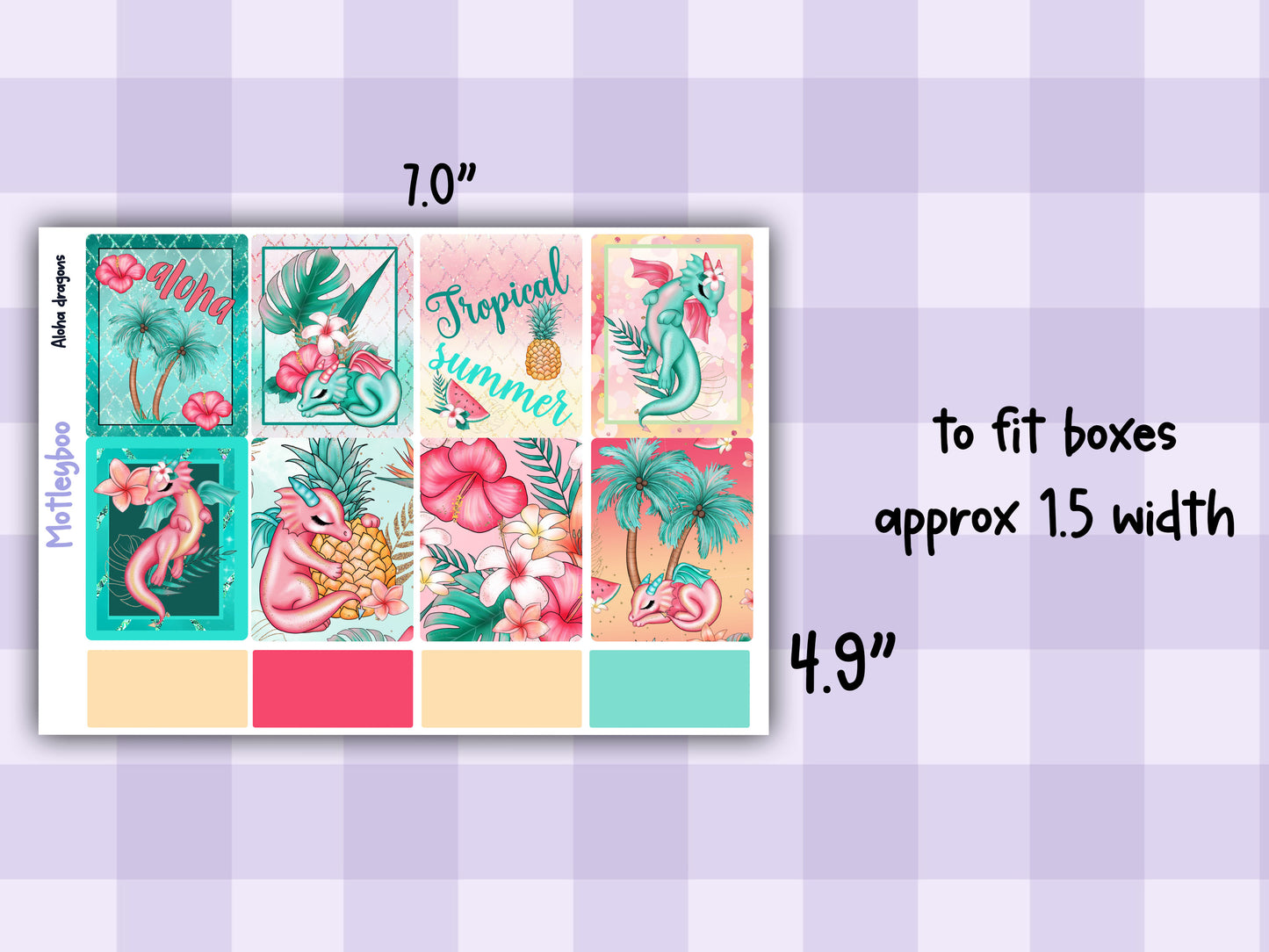Weekly planner vertical sticker kit, summertime vibes, bright and colourful functional stickers, aloha dragons