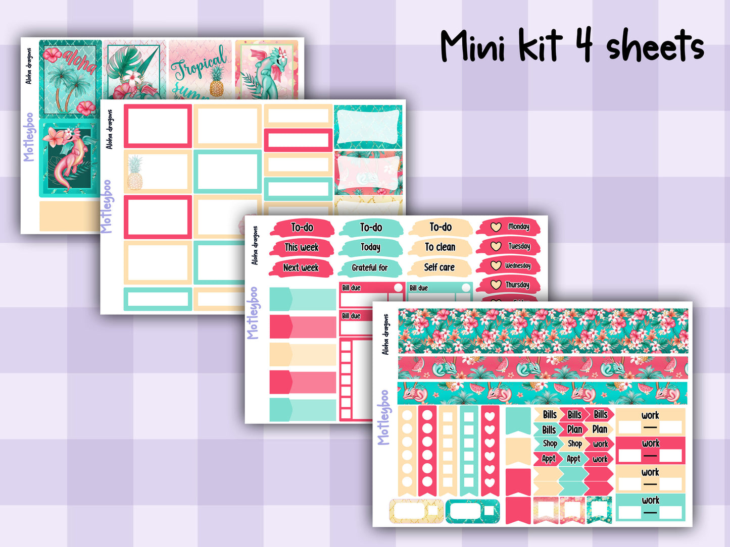 Weekly planner vertical sticker kit, summertime vibes, bright and colourful functional stickers, aloha dragons