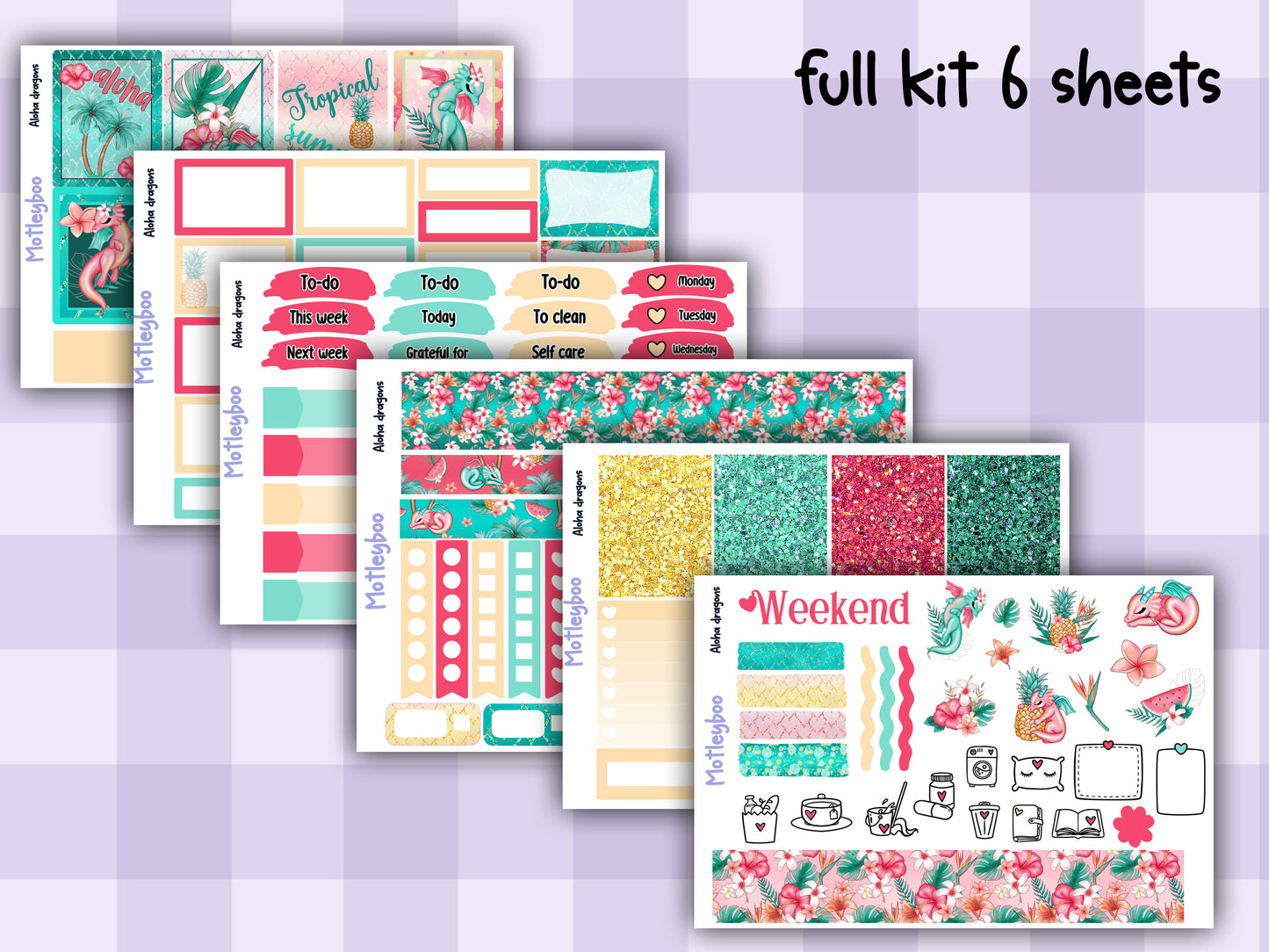 Weekly planner vertical sticker kit, summertime vibes, bright and colourful functional stickers, aloha dragons