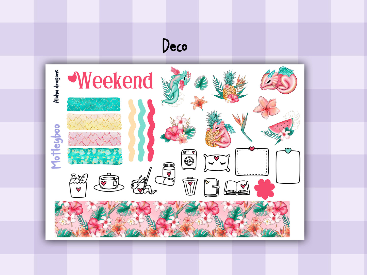 Weekly planner vertical sticker kit, summertime vibes, bright and colourful functional stickers, aloha dragons