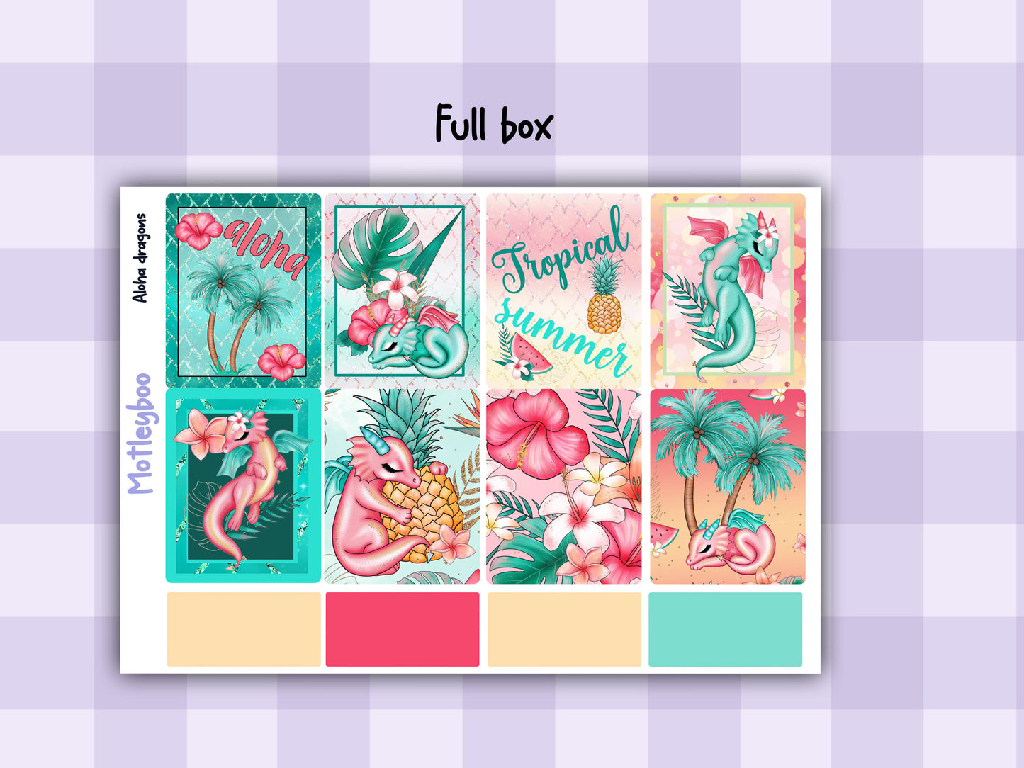 Weekly planner vertical sticker kit, summertime vibes, bright and colourful functional stickers, aloha dragons