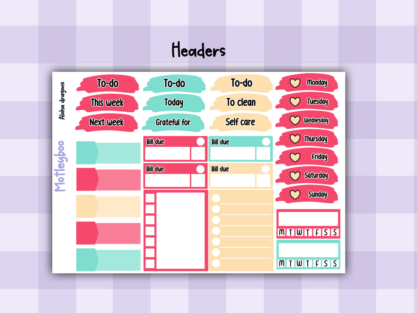 Weekly planner vertical sticker kit, summertime vibes, bright and colourful functional stickers, aloha dragons