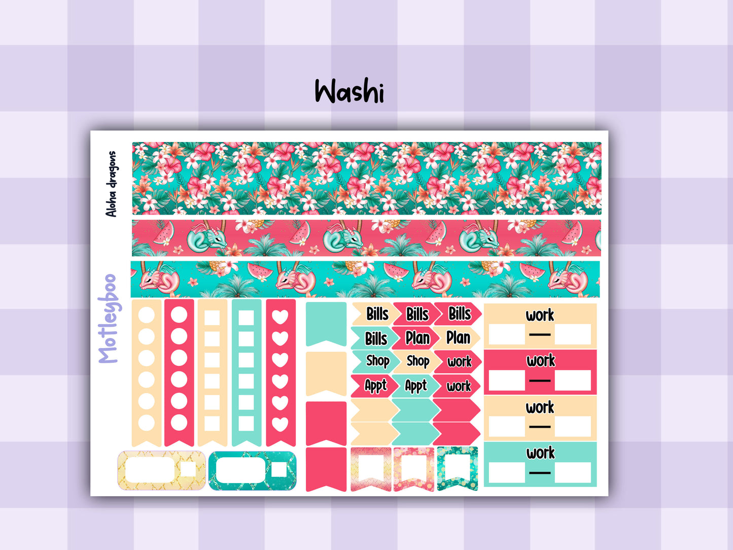 Weekly planner vertical sticker kit, summertime vibes, bright and colourful functional stickers, aloha dragons