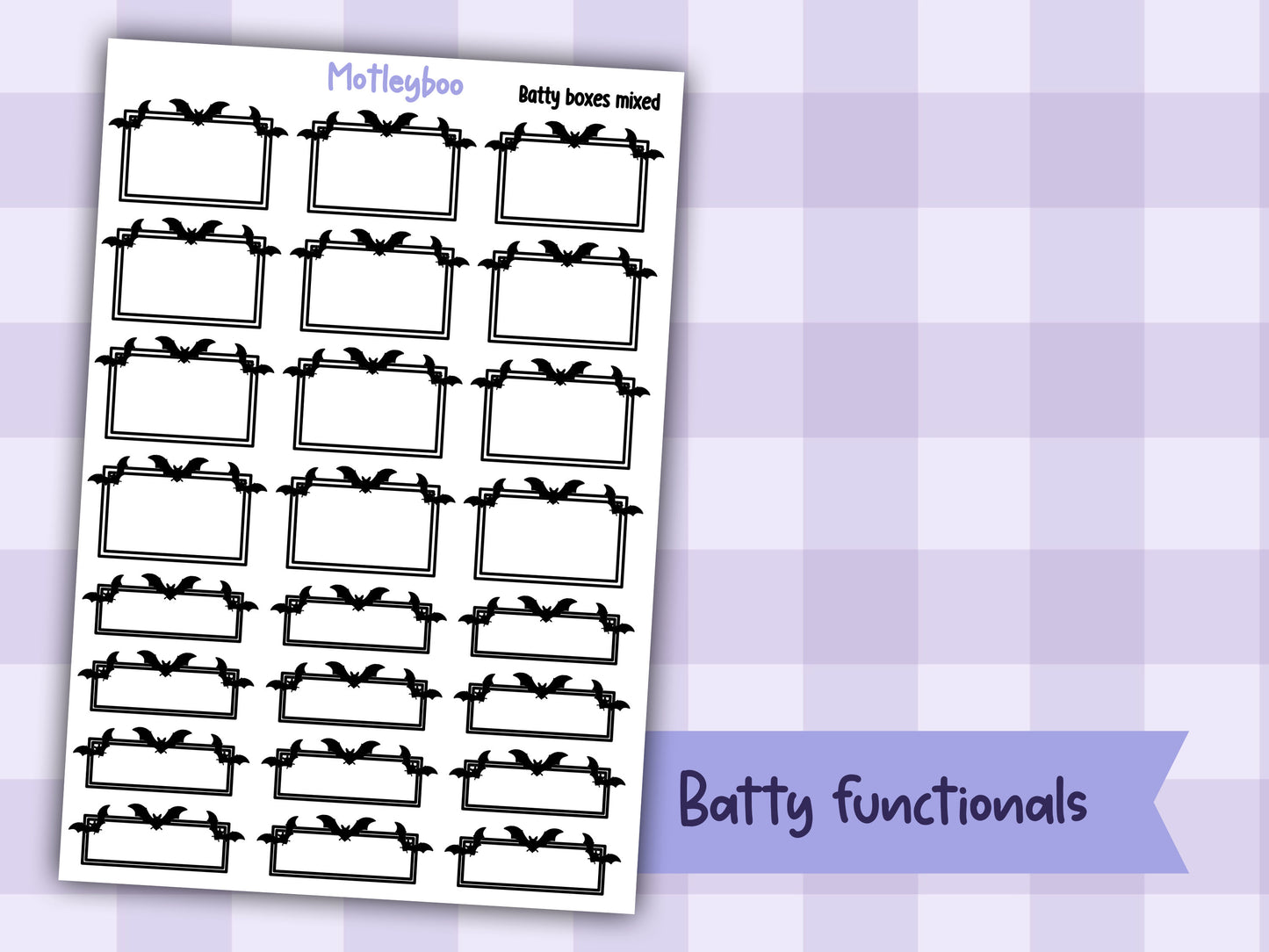 Batty Functional Planner Stickers, Quarter and Half Boxes, Goth Weekly Planner Supplies MIXED SHEET