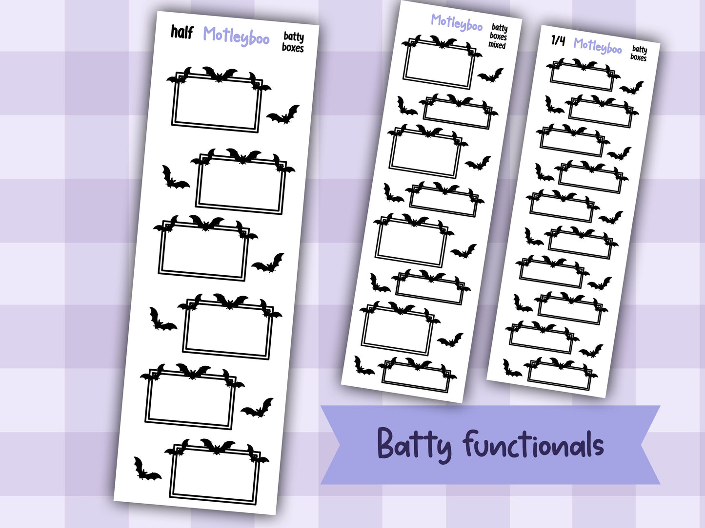 Batty Functional Planner Stickers, Quarter and Half Boxes, Goth Weekly Planner Supplies, SMALL SHEETS