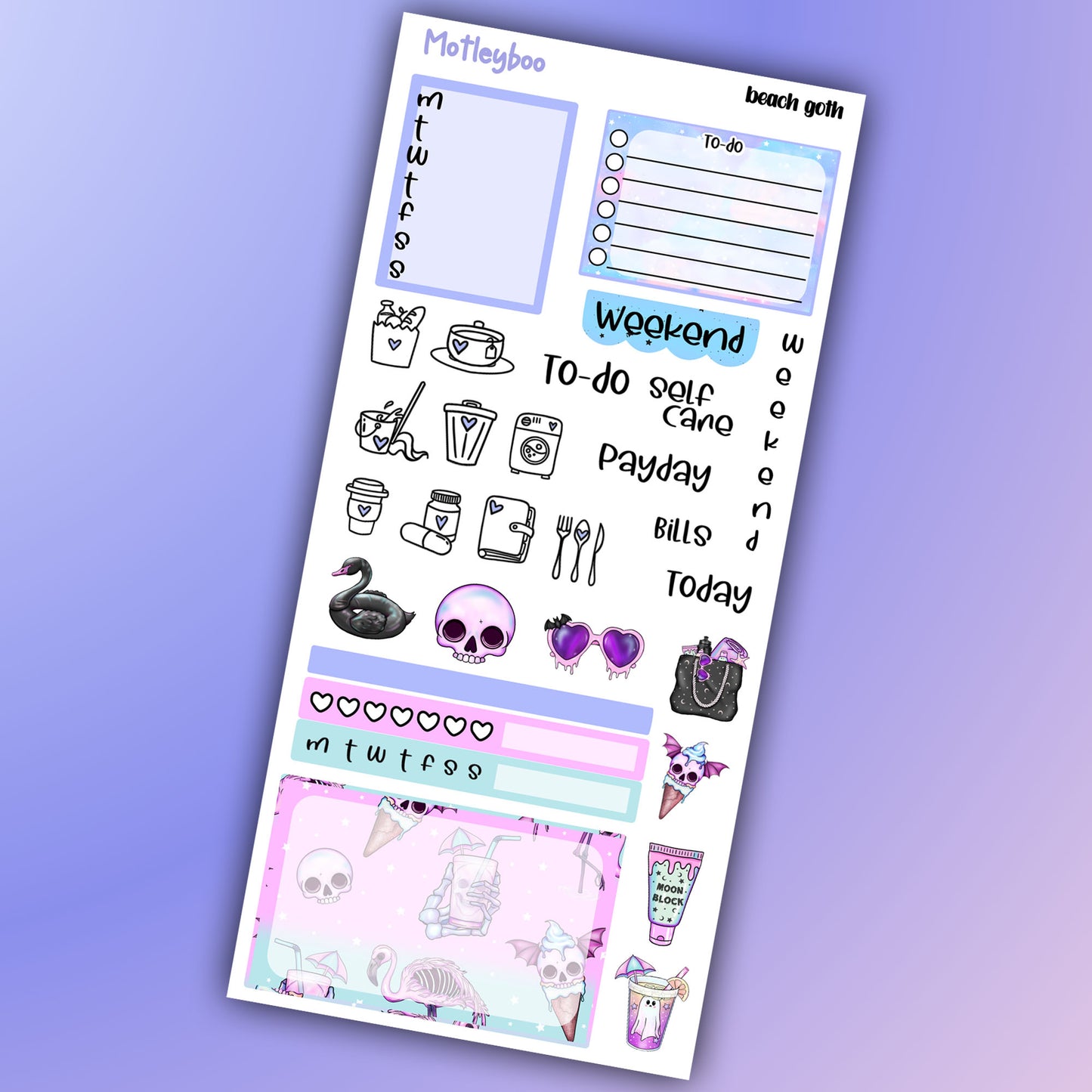 Hobonichi weeks, sticker kit, hobonichi planner, goth planner, witch vibes, summerween, stickers, goth sticker, beach goth, summer goth