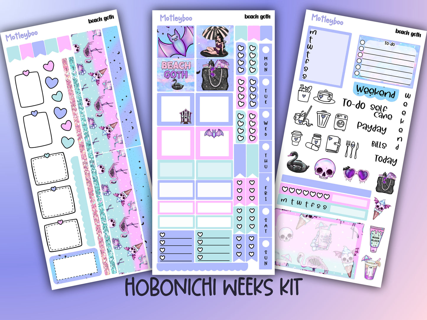 Hobonichi weeks, sticker kit, hobonichi planner, goth planner, witch vibes, summerween, stickers, goth sticker, beach goth, summer goth