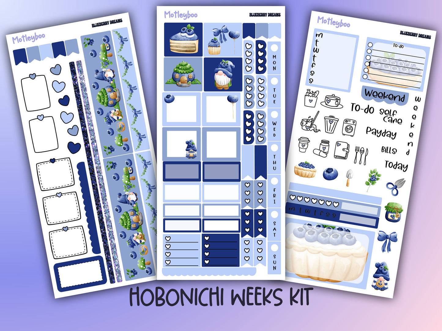 Hobonichi weeks kit, weekly sticker kit, blueberry stickers, gnome stickers, functional sticker, small journal, fruit stickers, planners