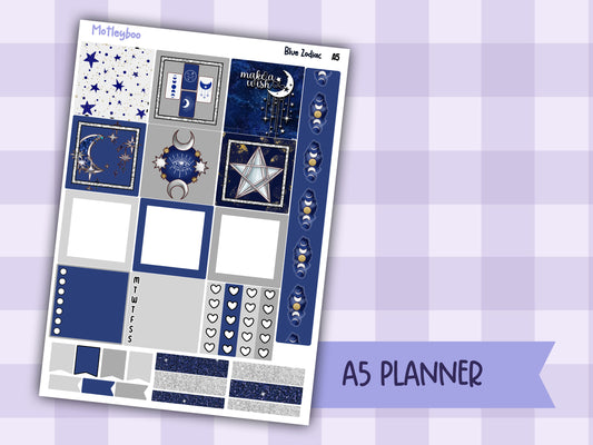 A5 Celestial Hobonichi cousin planner sticker kit, Blue Zodiac