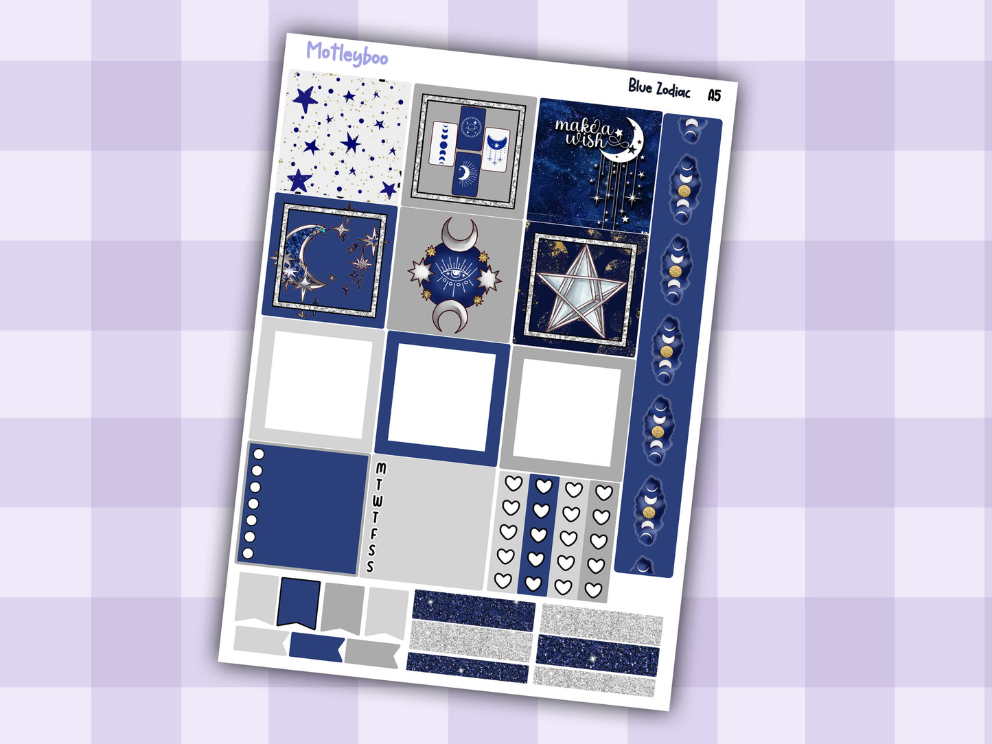 A5 Celestial Hobonichi cousin planner sticker kit, Blue Zodiac