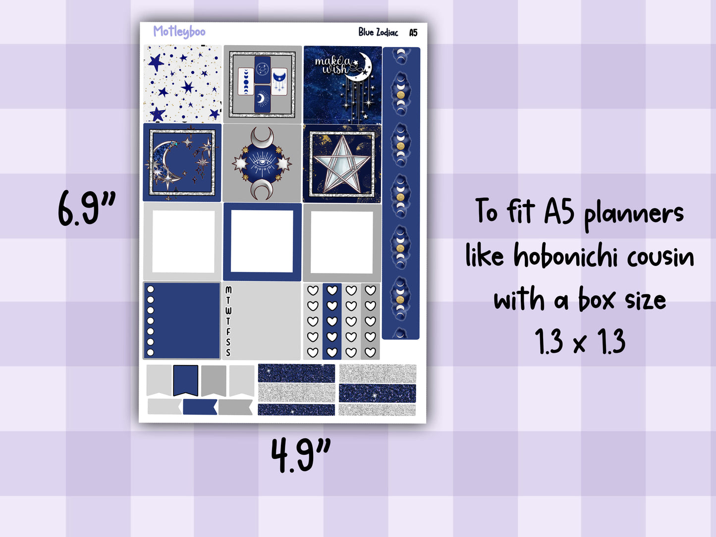 A5 Celestial Hobonichi cousin planner sticker kit, Blue Zodiac
