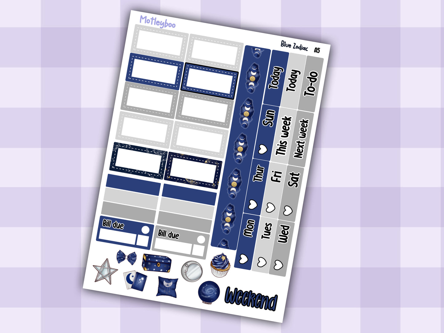 A5 Celestial Hobonichi cousin planner sticker kit, Blue Zodiac