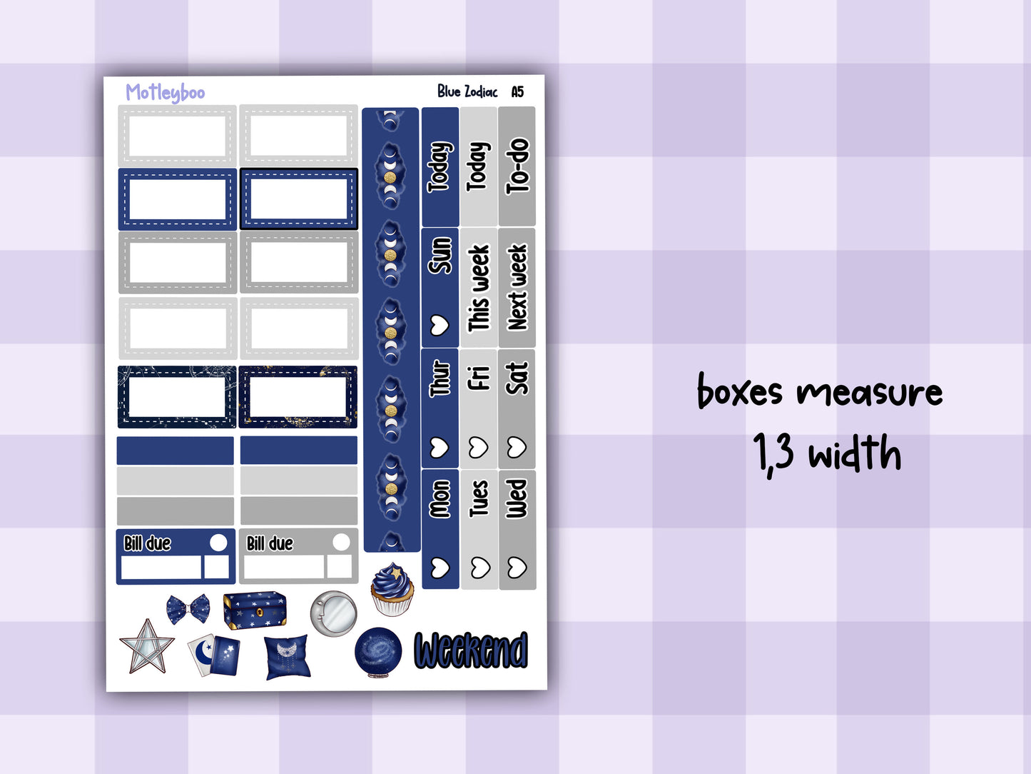 A5 Celestial Hobonichi cousin planner sticker kit, Blue Zodiac