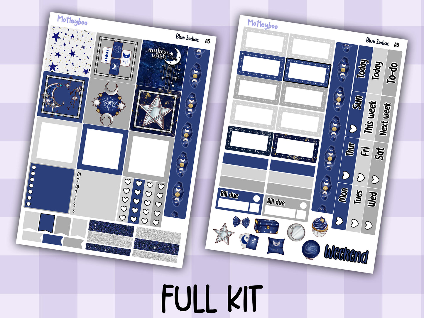 A5 Celestial Hobonichi cousin planner sticker kit, Blue Zodiac
