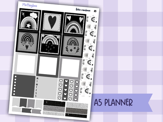 A5 Hobonichi cousin planner sticker kit, black and white planner stickers, hobonichi cousin Boho rainbows