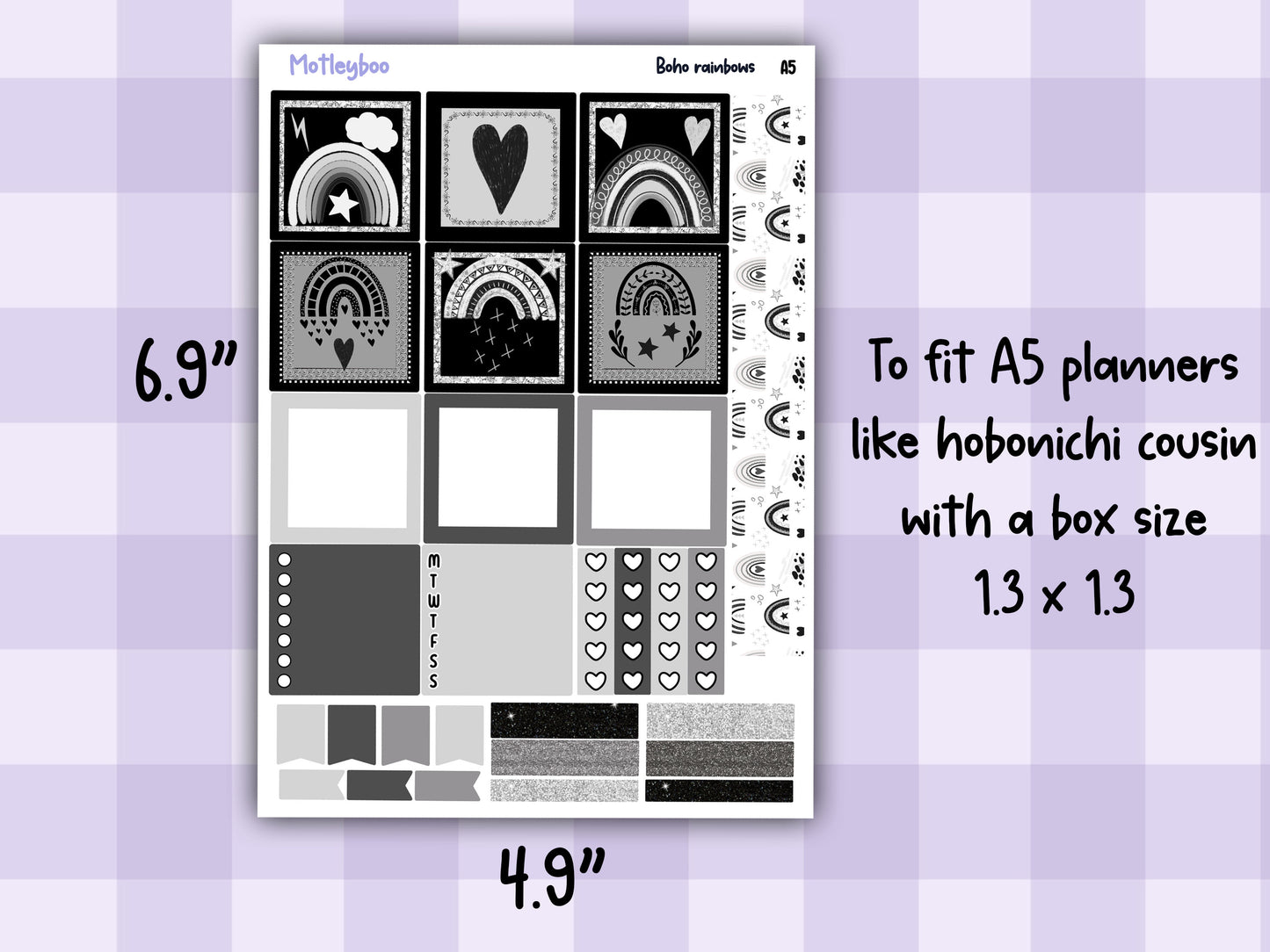 A5 Hobonichi cousin planner sticker kit, black and white planner stickers, hobonichi cousin Boho rainbows