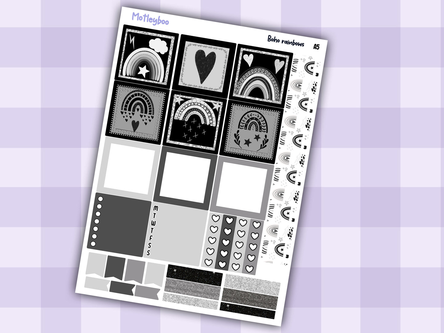 A5 Hobonichi cousin planner sticker kit, black and white planner stickers, hobonichi cousin Boho rainbows