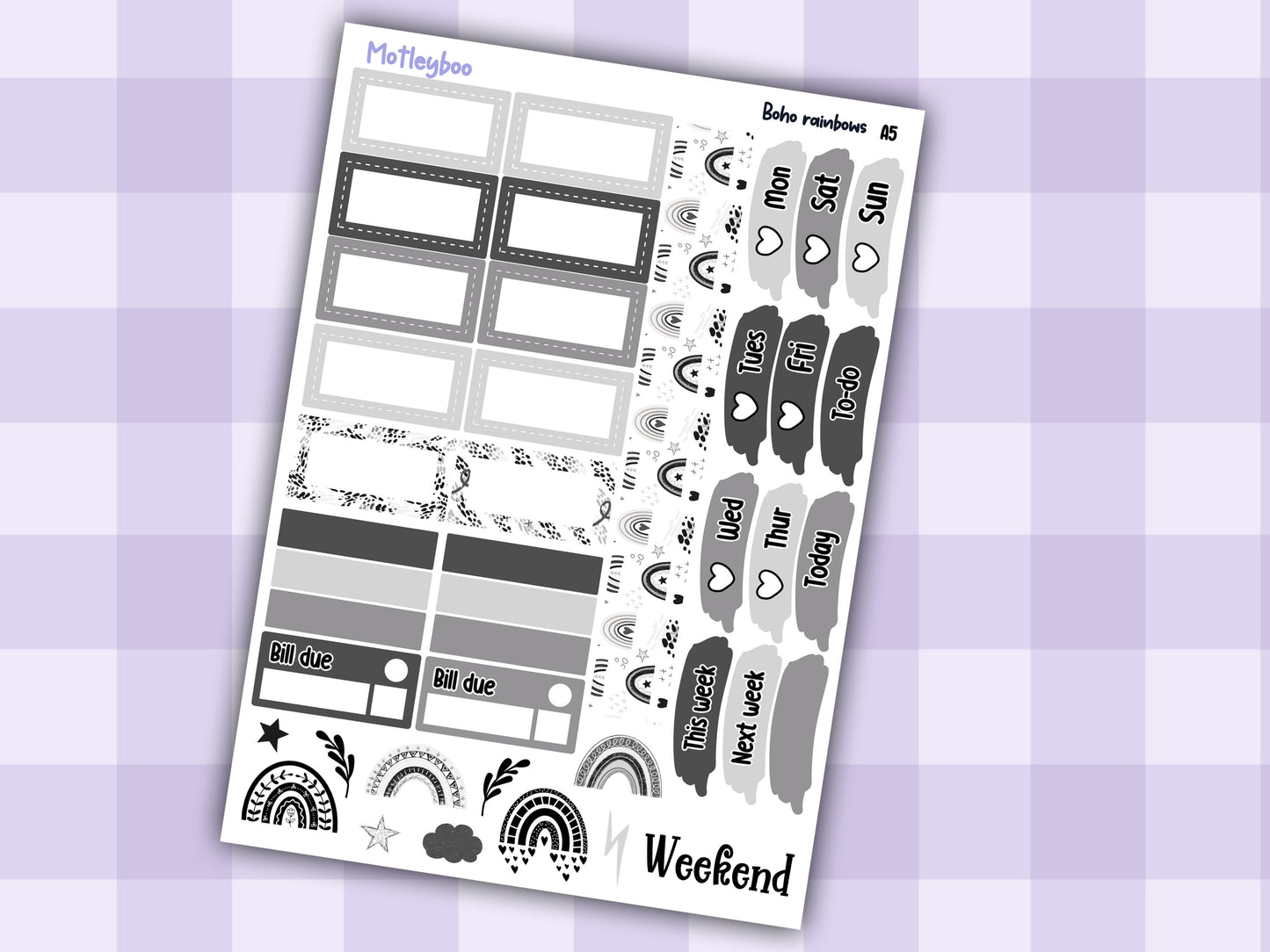A5 Hobonichi cousin planner sticker kit, black and white planner stickers, hobonichi cousin Boho rainbows