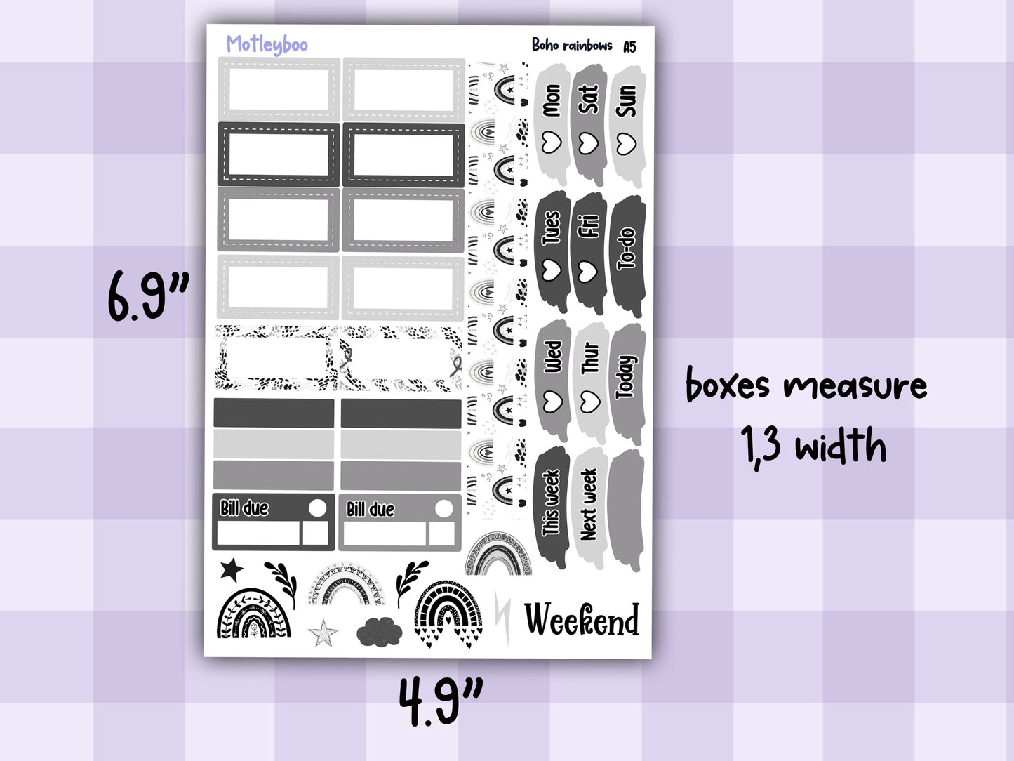 A5 Hobonichi cousin planner sticker kit, black and white planner stickers, hobonichi cousin Boho rainbows