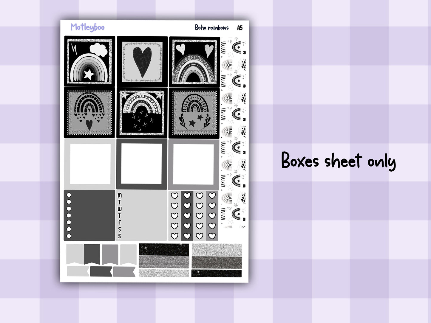 A5 Hobonichi cousin planner sticker kit, black and white planner stickers, hobonichi cousin Boho rainbows