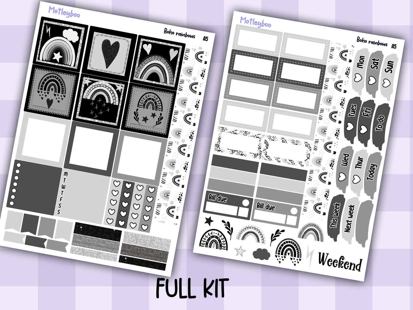 A5 Hobonichi cousin planner sticker kit, black and white planner stickers, hobonichi cousin Boho rainbows